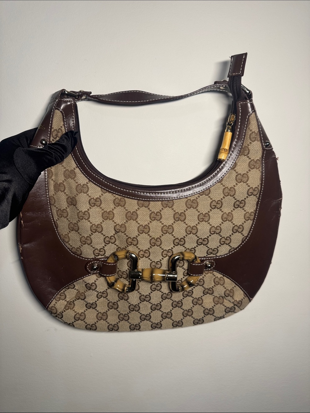 Gucci Beige GG Canvas Shoulder Bag with Brown Leather & Bamboo Accents